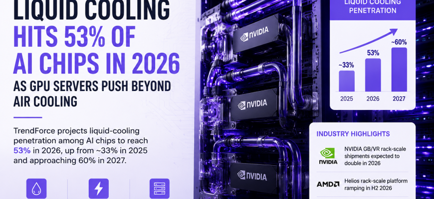 Liquid cooling reaches 53% of AI chips in 2026 as GPU servers move beyond air cooling