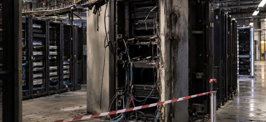Fire-damaged server rack with disconnected cables inside a cordoned-off data center hall.