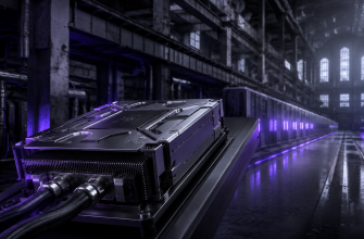 Concept illustration of a liquid-cooled compute module in an industrial hall with purple accent lighting.