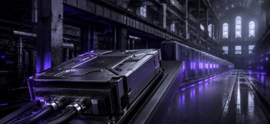 Concept illustration of a liquid-cooled compute module in an industrial hall with purple accent lighting.