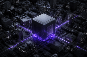 Concept illustration of a dark compute cube linked by purple light paths to surrounding city blocks.