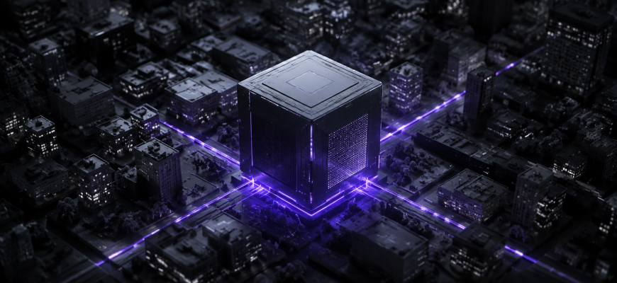 Concept illustration of a dark compute cube linked by purple light paths to surrounding city blocks.