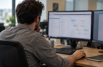 An engineer reviews infrastructure configuration on two monitors at an office workstation.