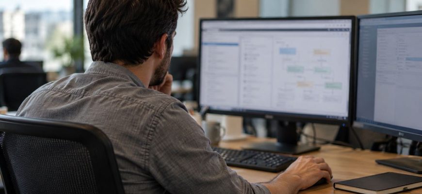 An engineer reviews infrastructure configuration on two monitors at an office workstation.