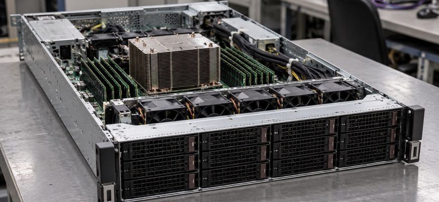 Open rack server on a laboratory workbench, showing a processor heatsink, memory modules and cooling fans.