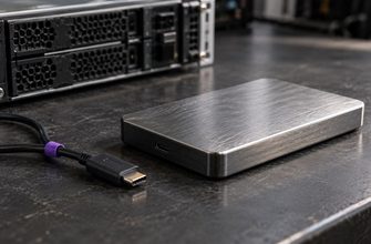 External backup drive with a disconnected USB cable beside a rack server.