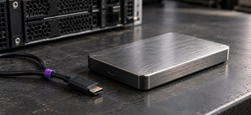 External backup drive with a disconnected USB cable beside a rack server.