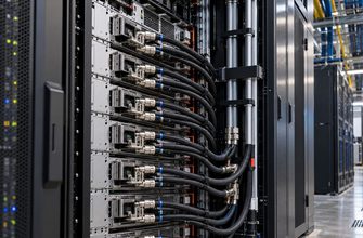 Liquid-cooled AI accelerator servers with coolant hoses and metal fittings inside a high-density data center rack.