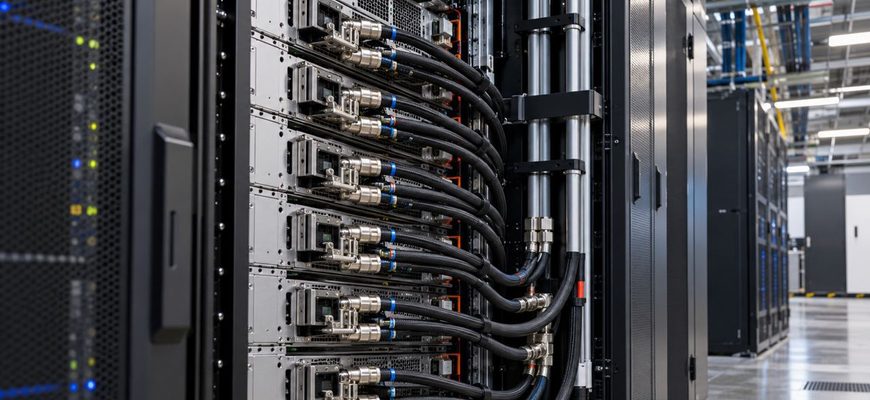 Liquid-cooled AI accelerator servers with coolant hoses and metal fittings inside a high-density data center rack.
