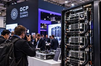 Technology journalists and engineers examining a high-density AI server rack with liquid-cooling connections at a technology conference.