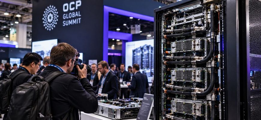 Technology journalists and engineers examining a high-density AI server rack with liquid-cooling connections at a technology conference.