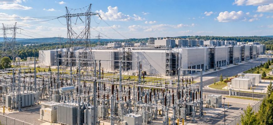 Large American data center and electrical substation illustrating the PJM data center power cuts debate.