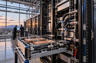NVIDIA Vera Rubin rack designs illustrated by a liquid-cooled AI server rack with modular computing trays and an engineer inspecting the hardware.