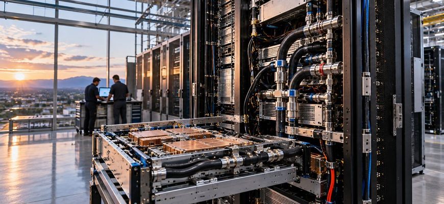 NVIDIA Vera Rubin rack designs illustrated by a liquid-cooled AI server rack with modular computing trays and an engineer inspecting the hardware.