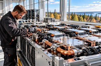 AMD AI supercomputer infrastructure illustrated by a liquid-cooled GPU server module inspected by an engineer