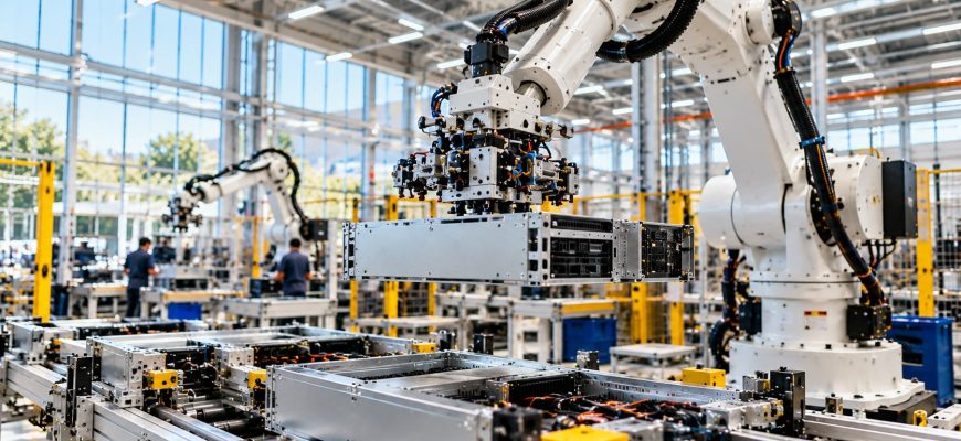 AI server manufacturing in India illustrated by an automated assembly line producing high-density server hardware