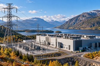 Norwegian data center and electrical substation beside a fjord, with high-voltage power lines and mountains, illustrating Norway's projected data center power demand.