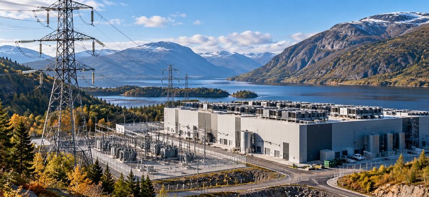 Norwegian data center and electrical substation beside a fjord, with high-voltage power lines and mountains, illustrating Norway's projected data center power demand.