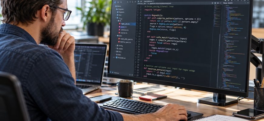 Software security engineer reviewing Ruby source code and regular expression security fixes on a computer monitor following the October 2026 Ruby Onigmo updates.