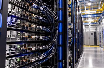 High-density server racks with organized power and data cables inside a modern data center, illustrating Amazon's expanding AWS infrastructure.