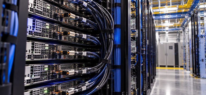 High-density server racks with organized power and data cables inside a modern data center, illustrating Amazon's expanding AWS infrastructure.