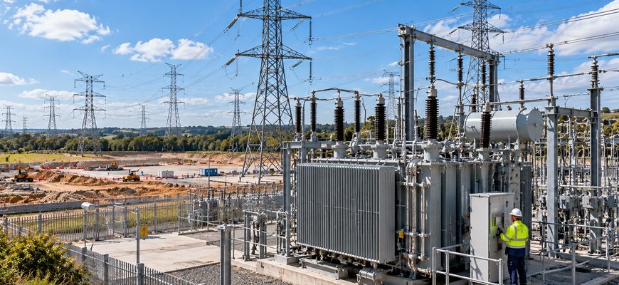 Editorial illustration of high-voltage electricity infrastructure and a planned AI data center development, representing grid delays affecting the Microsoft Nscale project.