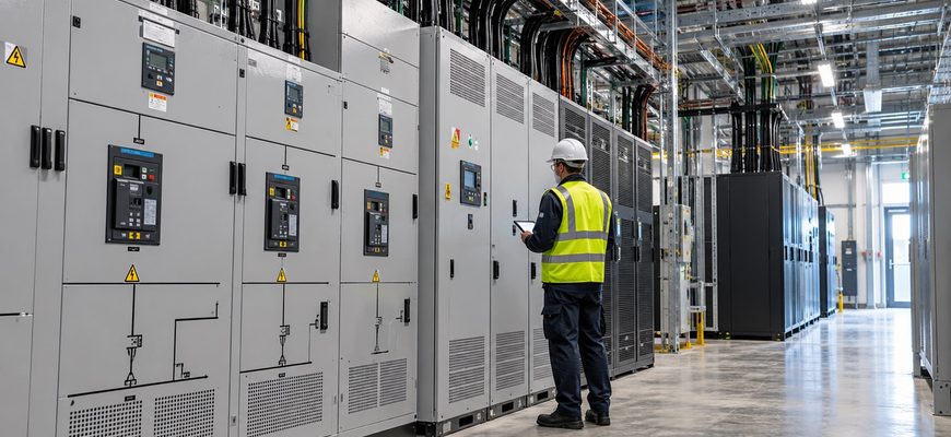 Electrical engineer inspecting power distribution cabinets and switchgear inside a modern data center, illustrating the Google Cloud London outage.